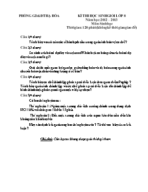 Đề thi học sinh giỏi môn Sinh học Lớp 8 - Năm học 2012-2013 - Phòng GD & ĐT Hạ Hòa (Có đáp án)